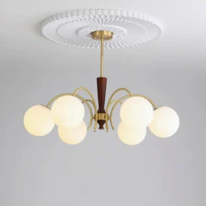 Overhead view of ceiling-mounted 8-head globe chandelier with decorative brass medallion and frosted glass globes