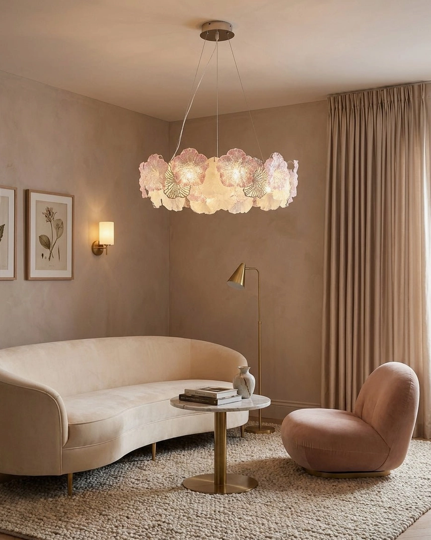 Blush pink Celadine flower chandelier in warm neutral living room with velvet accent seating and wall sconce lighting accents