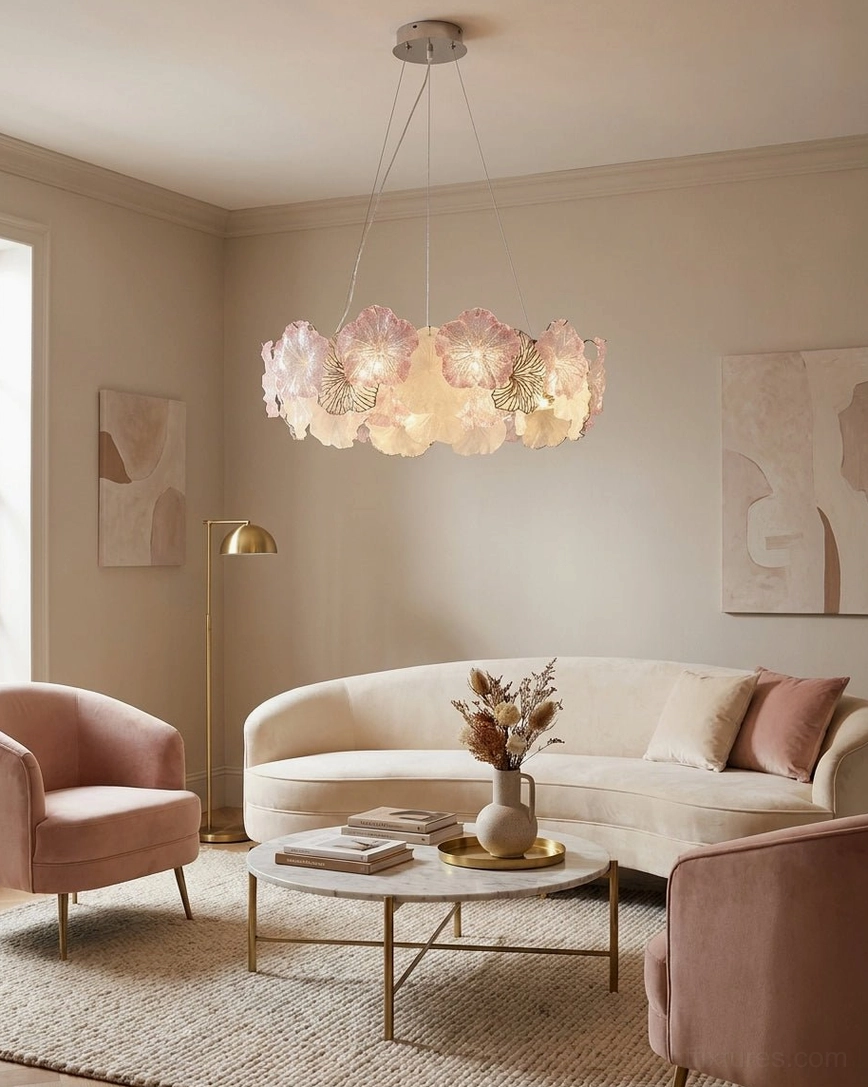 Blush pink Celadine chandelier hanging in minimalist living room with velvet seating and warm neutral palette, glass flower petals casting soft light