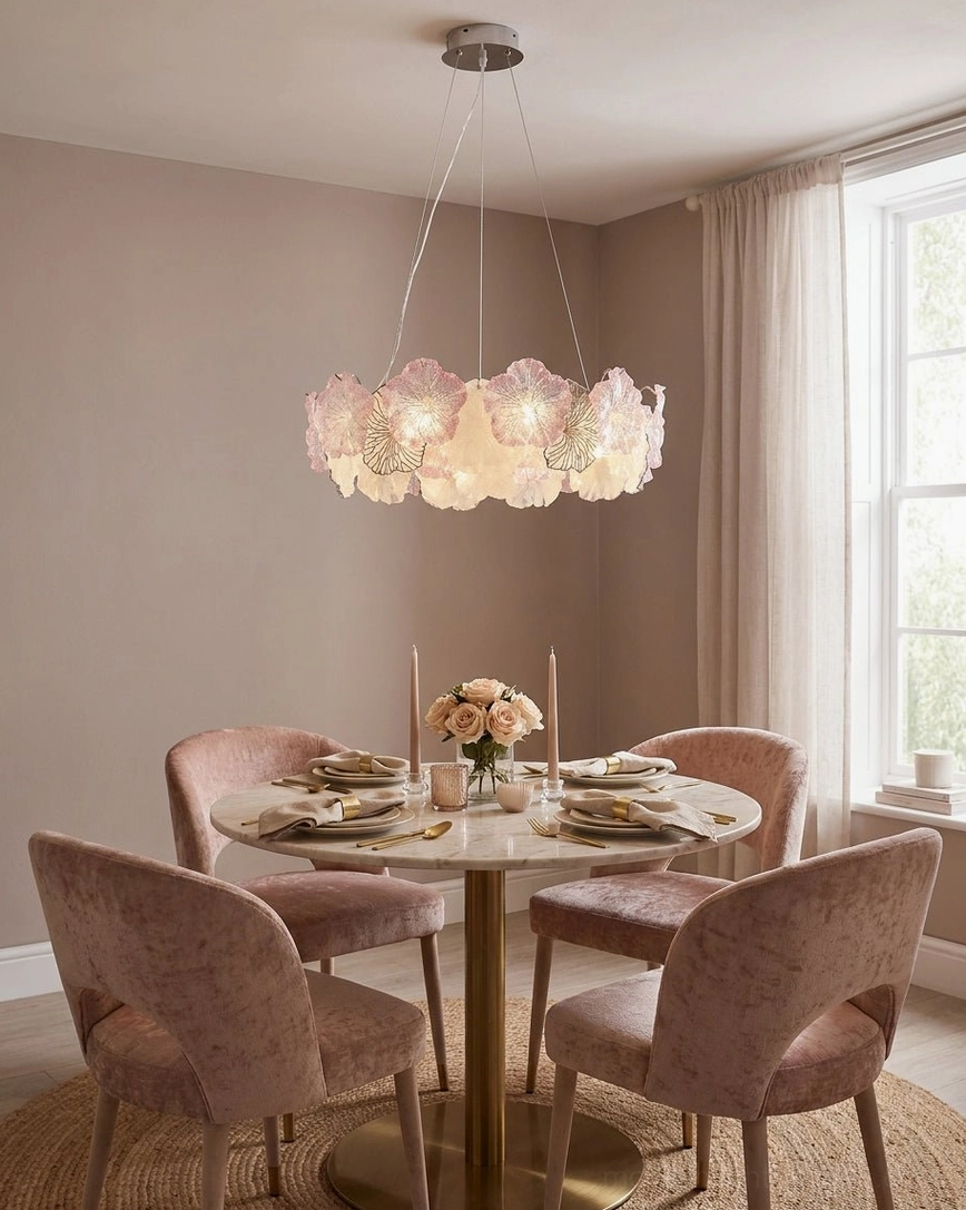 Blush pink Celadine chandelier in formal dining room above round table with velvet upholstered chairs, warm neutral interior design
