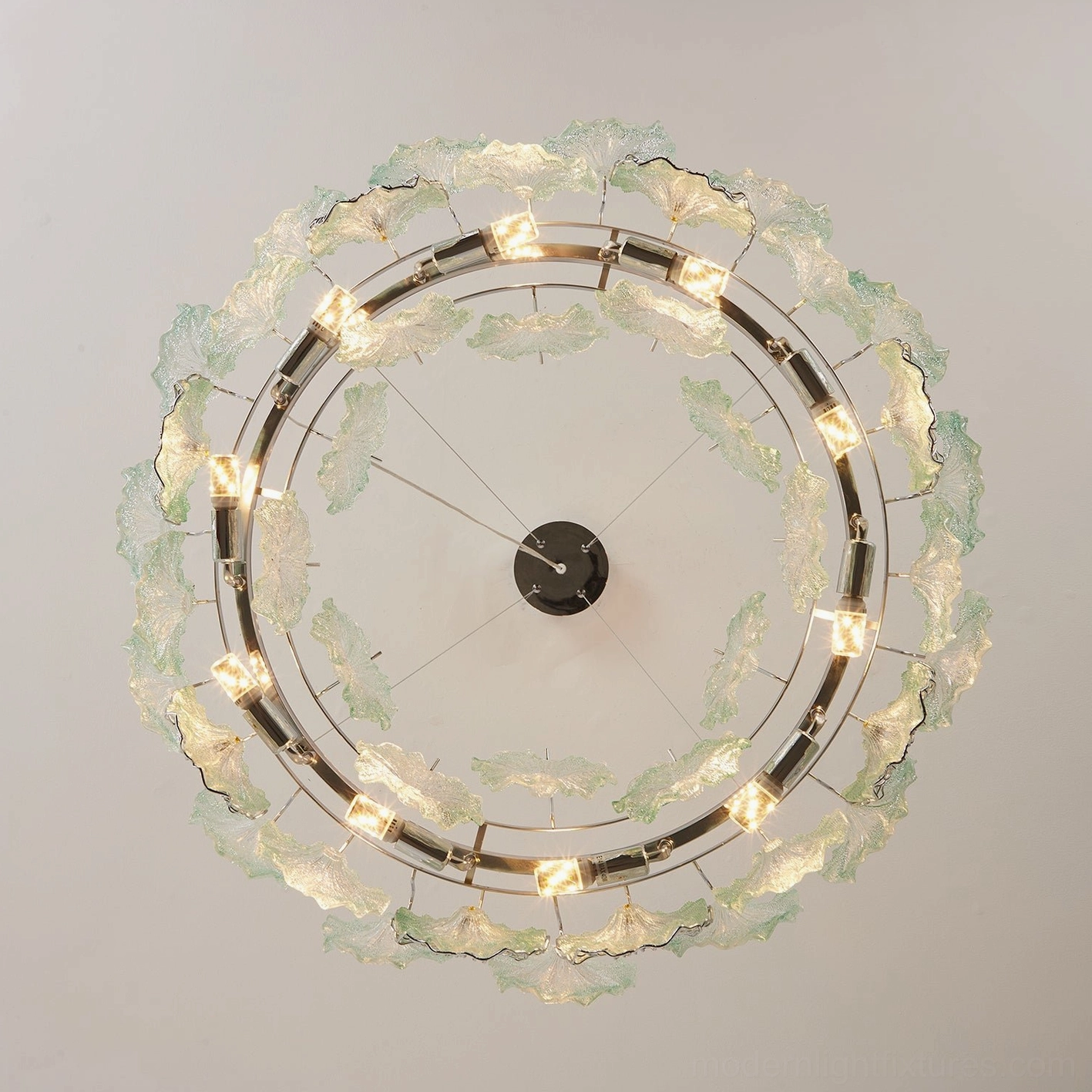 Celadine blush pink round chandelier showing hand-formed glass blossoms with ruffled textured surface detail