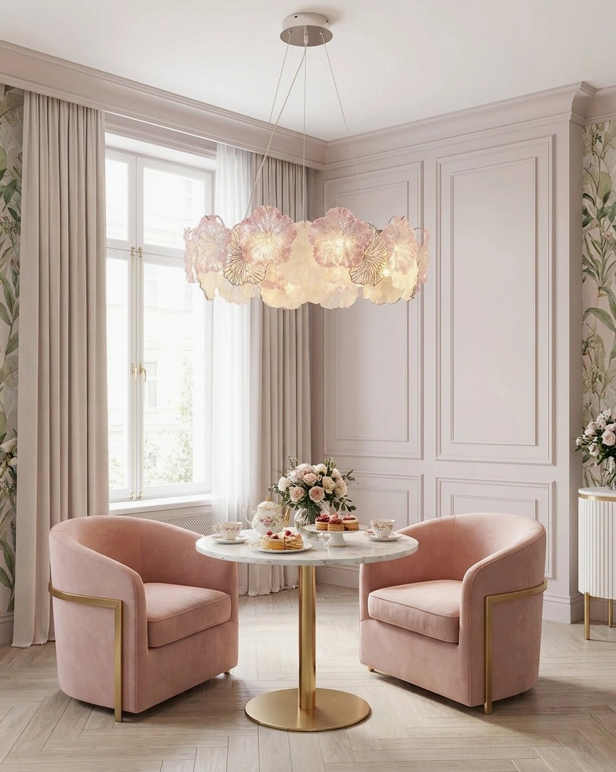 Blush pink Celadine chandelier in feminine upscale lounge area with blush velvet armchairs and gold metal accent furnishings