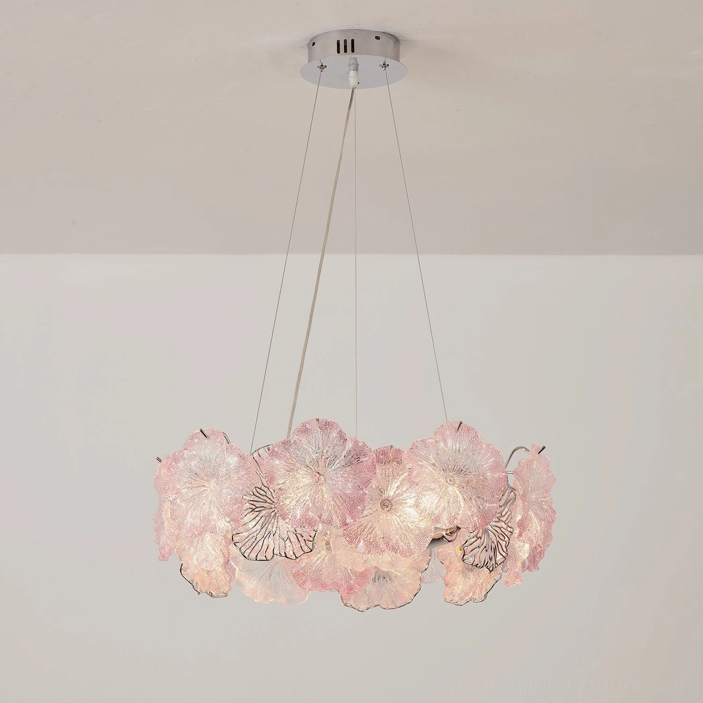 Celadine double-tiered chandelier with blush pink and clear hand-formed glass petals, three-dimensional floral design, polished chrome frame