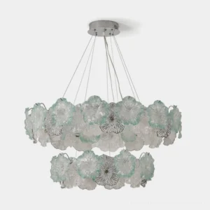 Celadine double-tiered floral glass chandelier with hand-formed seafoam green and clear glass petals, polished chrome frame, and clear cable suspension—studio shot with white background