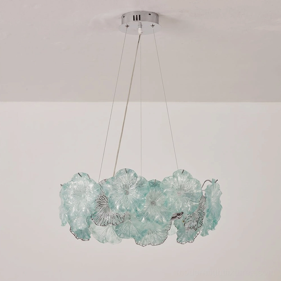 Celadine hand-formed glass flower chandelier showing individual textured petal craftsmanship and tinted glass variation