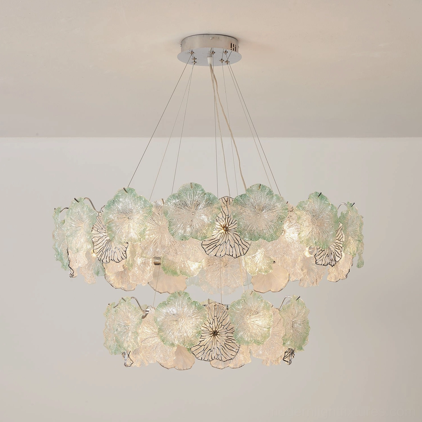 Celadine linear bar glass flower chandelier with blush pink and clear hand-formed petals for kitchen island installation