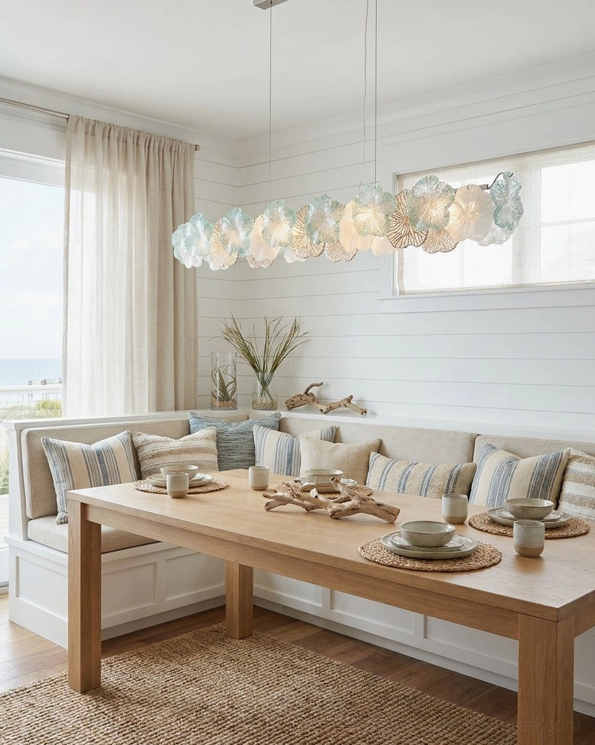 Linear Celadine chandelier with seafoam green and clear glass petals over wooden dining table in coastal casual kitchen and dining area