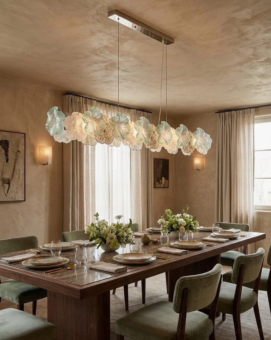 Seafoam green Celadine chandelier over long formal dining table with dark wood and emerald green velvet dining chairs in upscale room