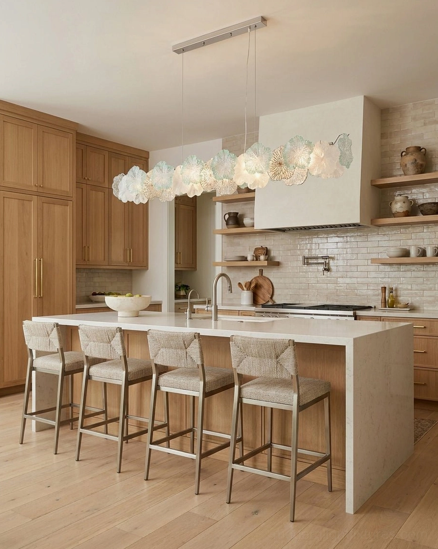 Linear Celadine glass flower chandelier with white and clear hand-formed petals above modern kitchen island with light wood cabinetry