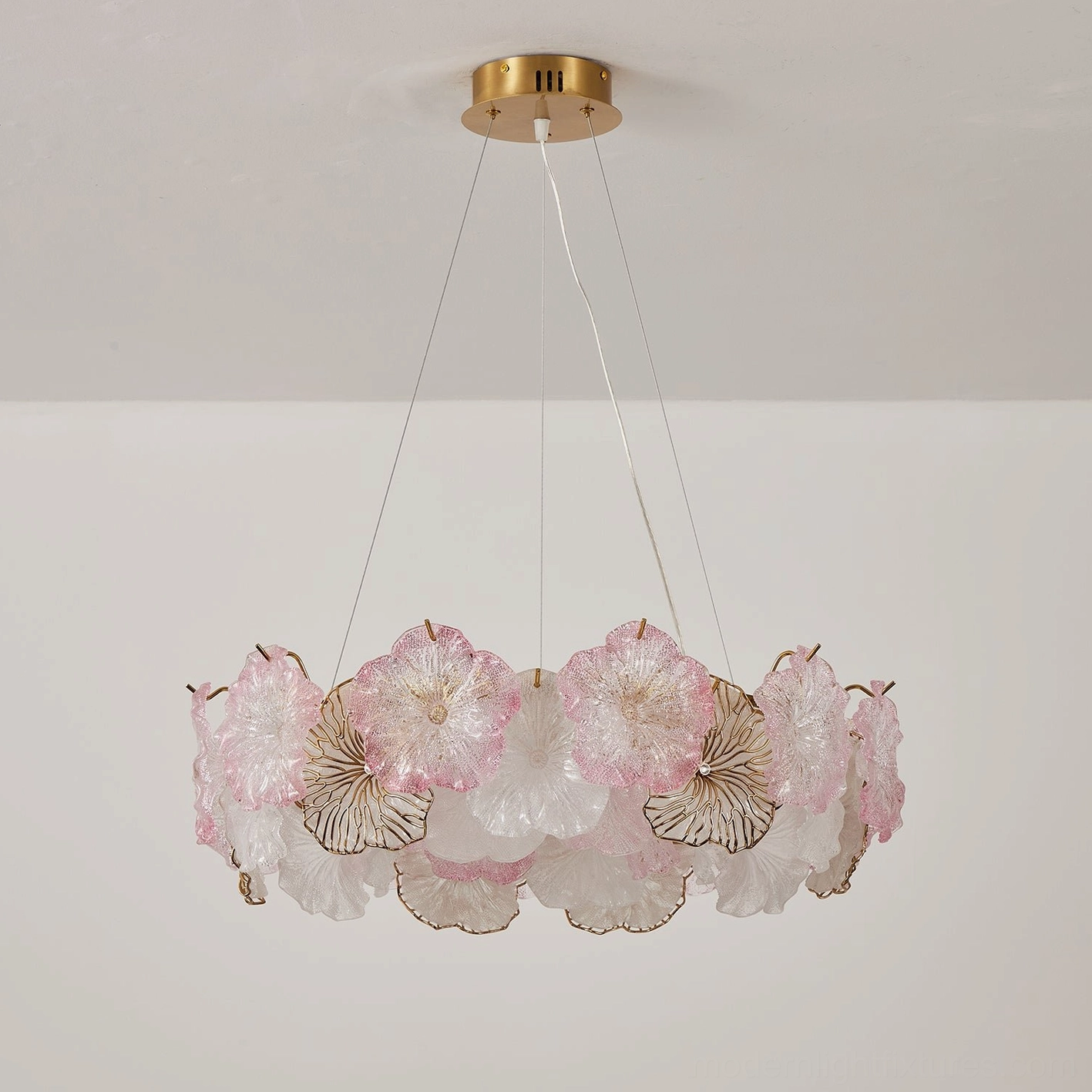 Celadine chandelier round single-tier with hand-formed glass blossoms in seafoam green and clear, polished chrome hardware, cable suspension