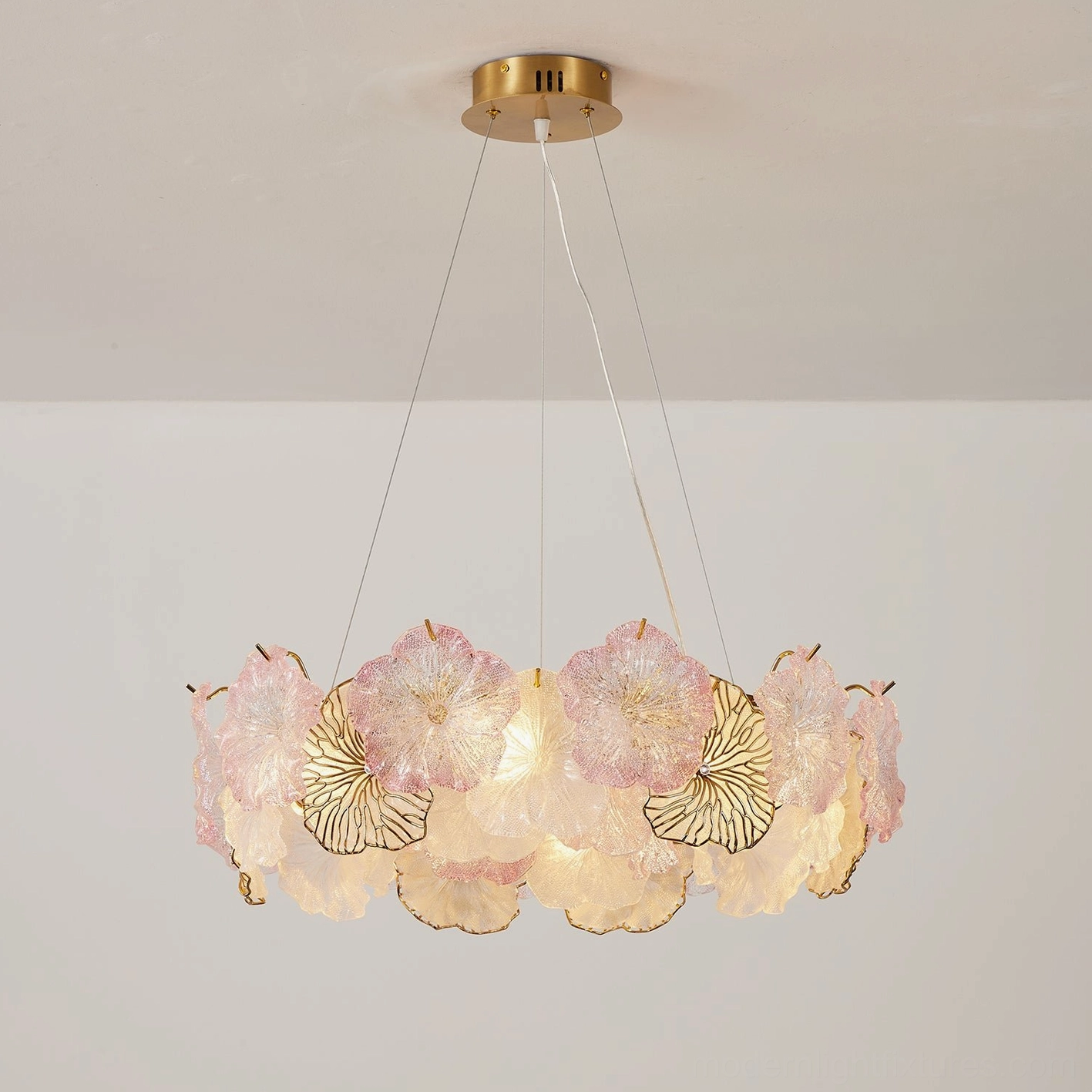Celadine round two-tier glass flower chandelier showing stacked configuration with hand-formed petals in blush pink and clear glass