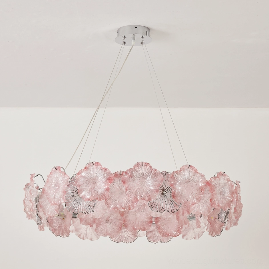 Celadine round two-tier glass flower chandelier in blush pink with hand-formed textured blossoms on polished chrome frame
