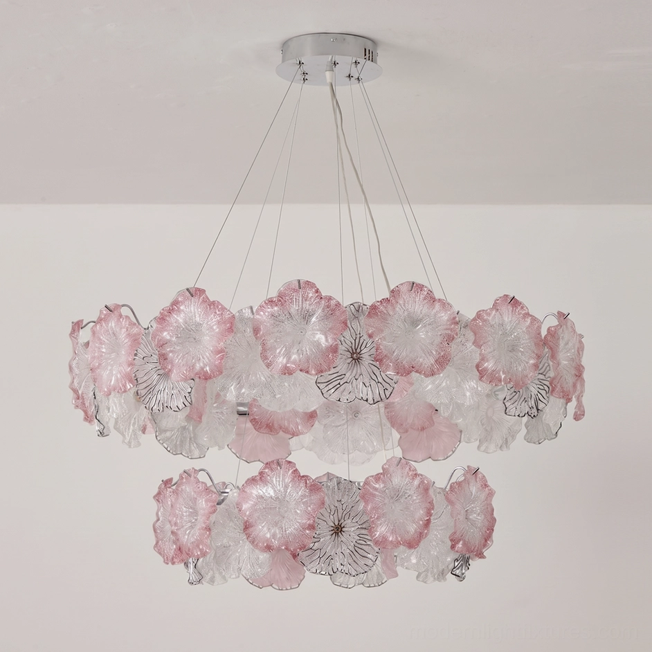 Celadine chandelier showing three-dimensional form of hand-formed glass petals creating sculptural focal point when unlit