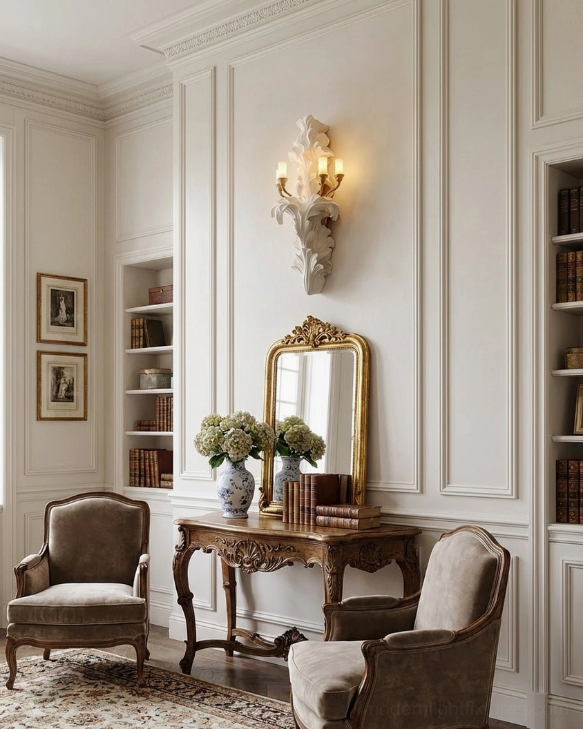 Celandra acanthus wall sconce installed in luxury vintage living room with paneled walls, gilded mirror, and antique console table, classical interior design