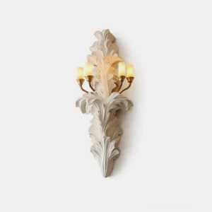 Celandra acanthus wall sconce with botanical relief carving, ivory resin body and brass hardware, four candle-style lights, neoclassical wall-mounted light fixture