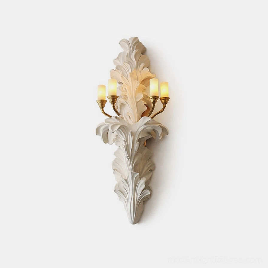 Celandra acanthus wall sconce with botanical relief carving, ivory resin body and brass hardware, four candle-style lights, neoclassical wall-mounted light fixture