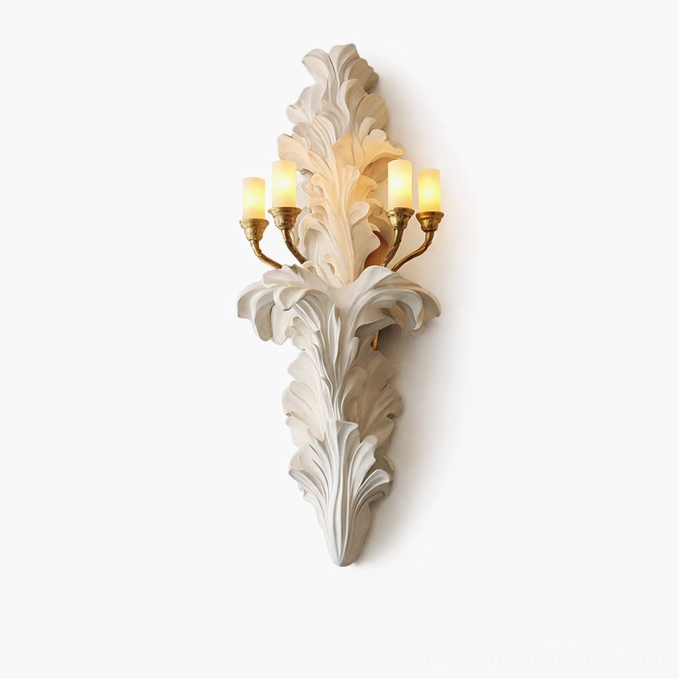 Celandra acanthus wall sconce with sculptural botanical relief, ivory resin frame and warm brass lamp holders, four candle-style lights detail view