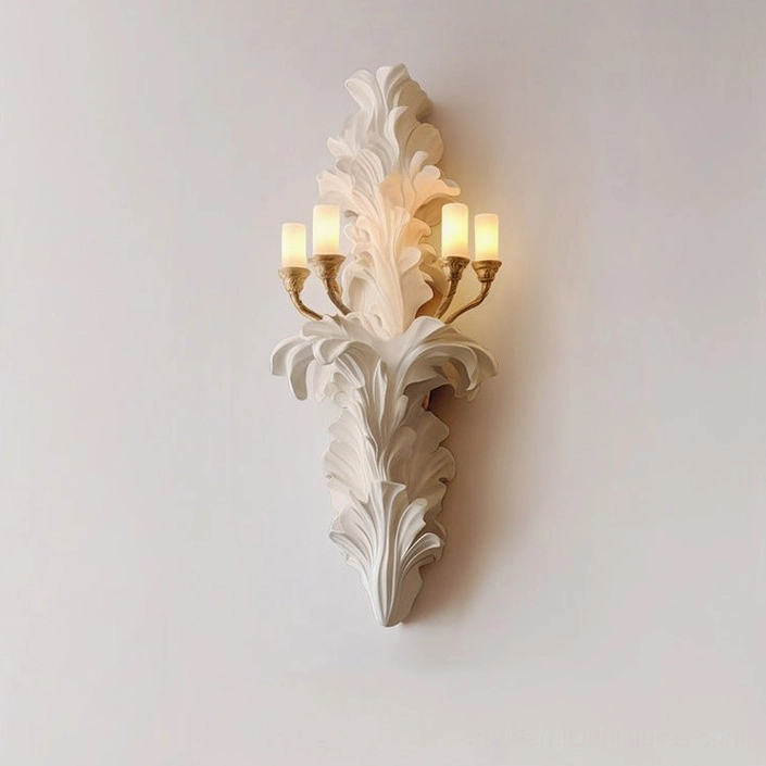 Celandra acanthus wall sconce architectural design detail showing layered relief carving and brass hardware, neoclassical ornamental lighting fixture