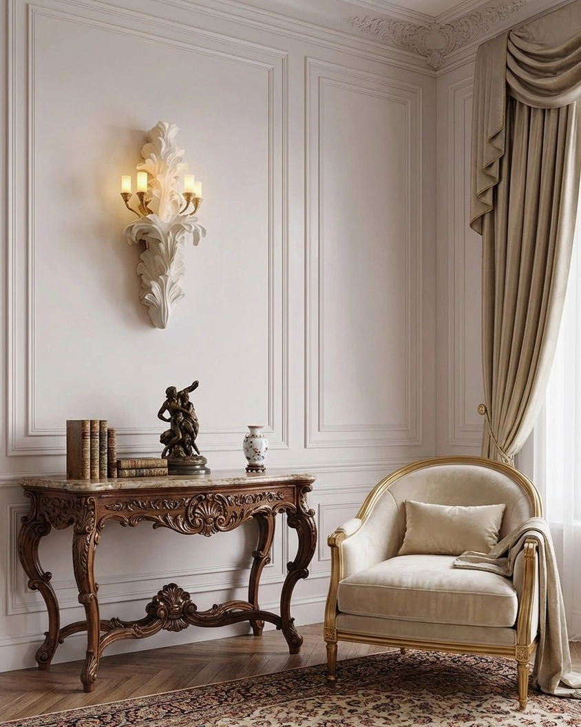 Celandra wall sconce in formal classic living room with carved wooden console table and upholstered armchair, traditional botanical light fixture