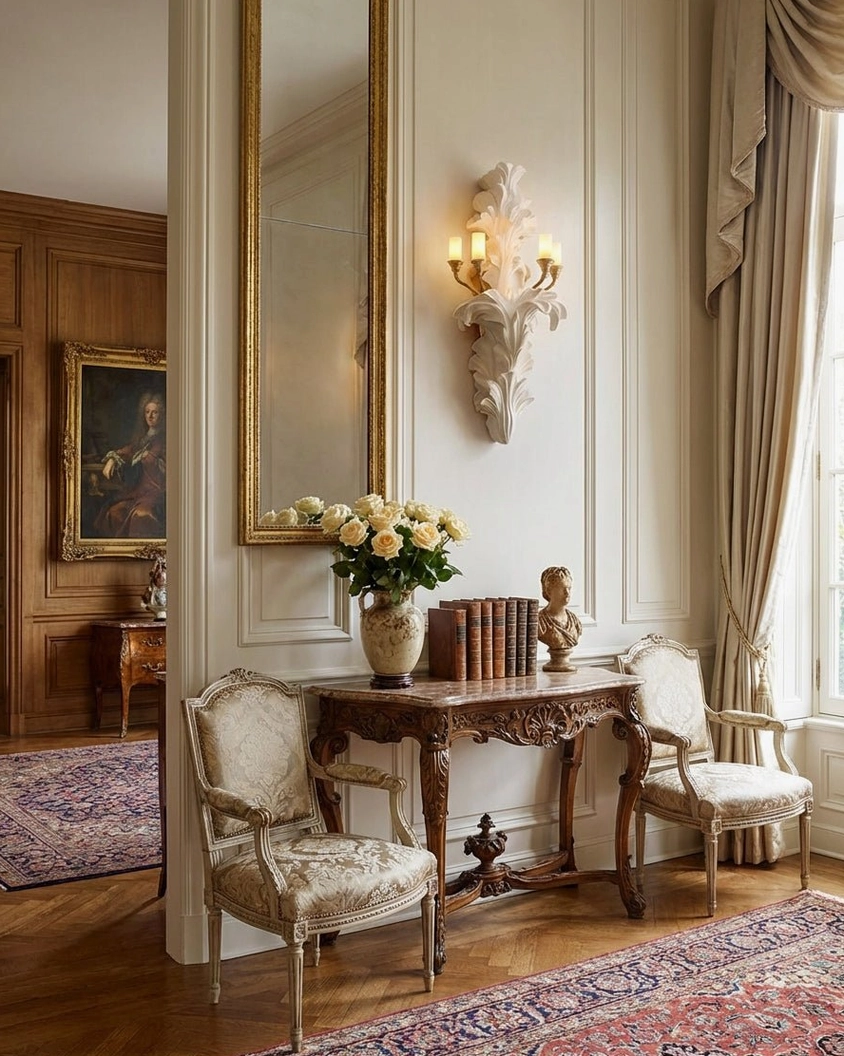 Celandra botanical wall sconce mounted in formal entryway with full-length mirror and vintage wooden furniture, neoclassical architectural lighting
