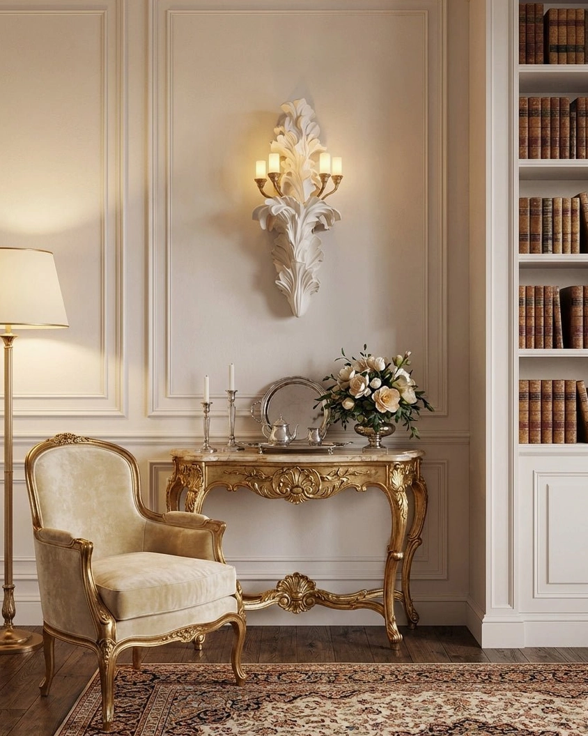 Celandra acanthus wall sconce in elegant vintage living room paired with gilded console table and tufted upholstered armchair, luxury decor