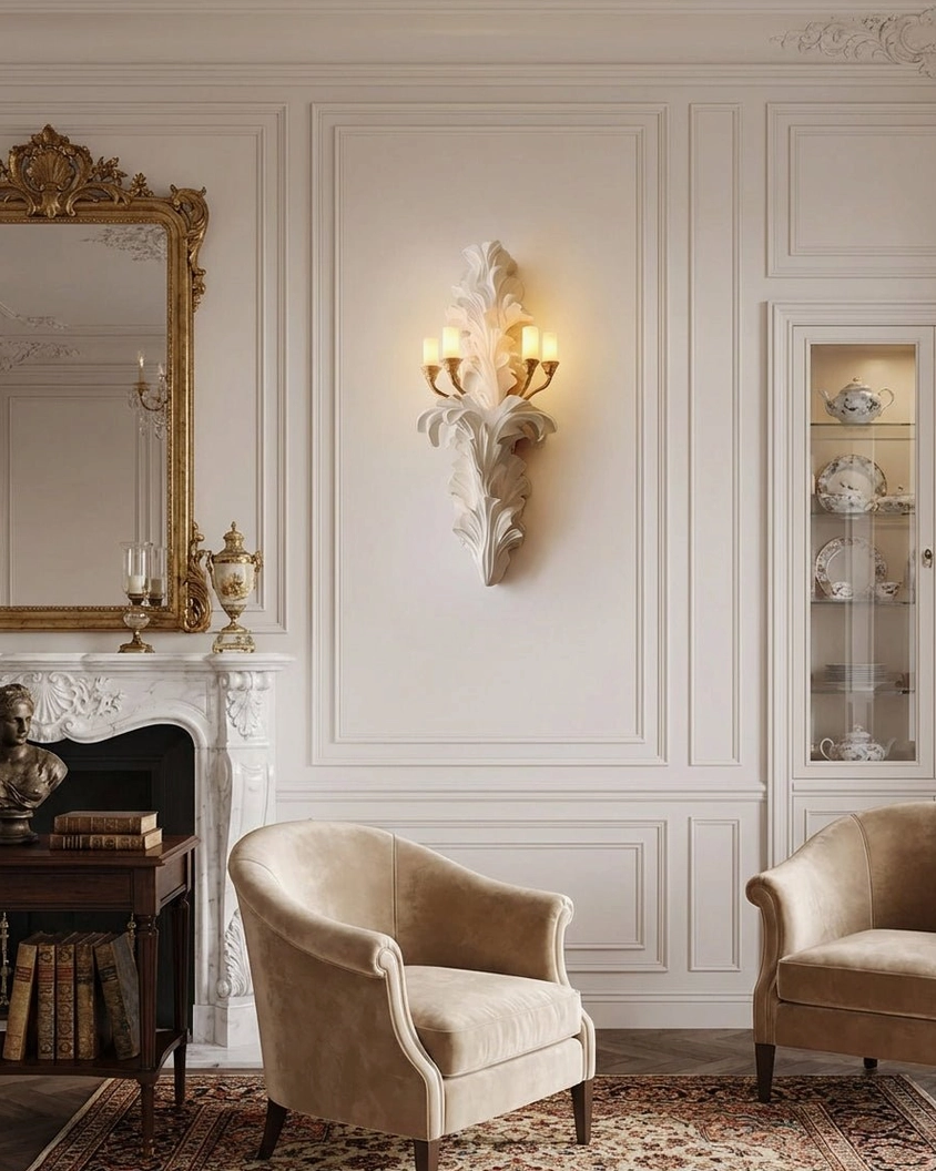 Celandra acanthus wall sconce in luxury vintage sitting room near gilded fireplace mirror and tufted velvet armchairs, neoclassical lighting