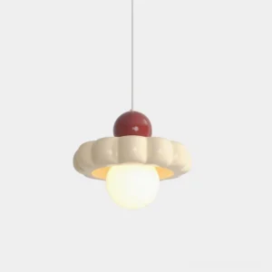 Celena handwoven cloud pendant light with cream shade and terracotta top, front close-up studio view