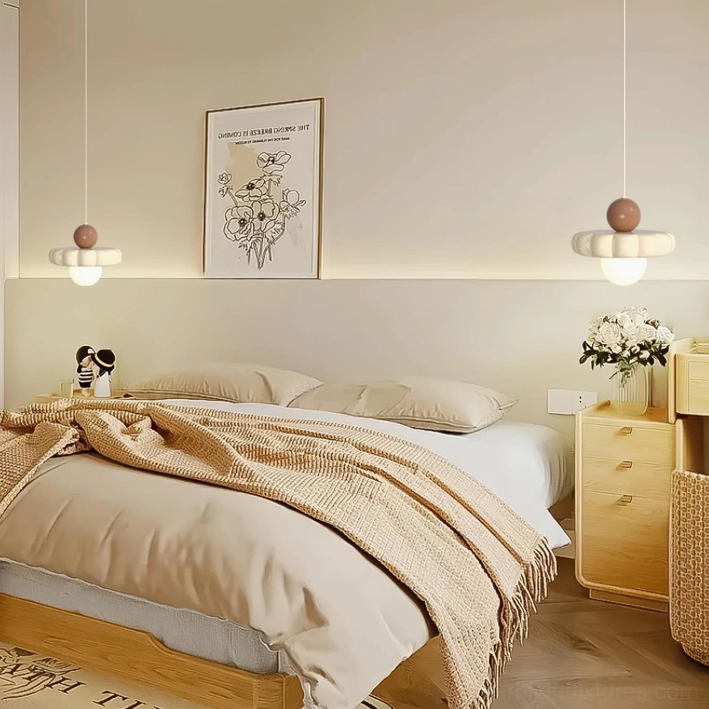 Dual Celena pendant lights in master bedroom with warm cozy bedding setup, eye-level view