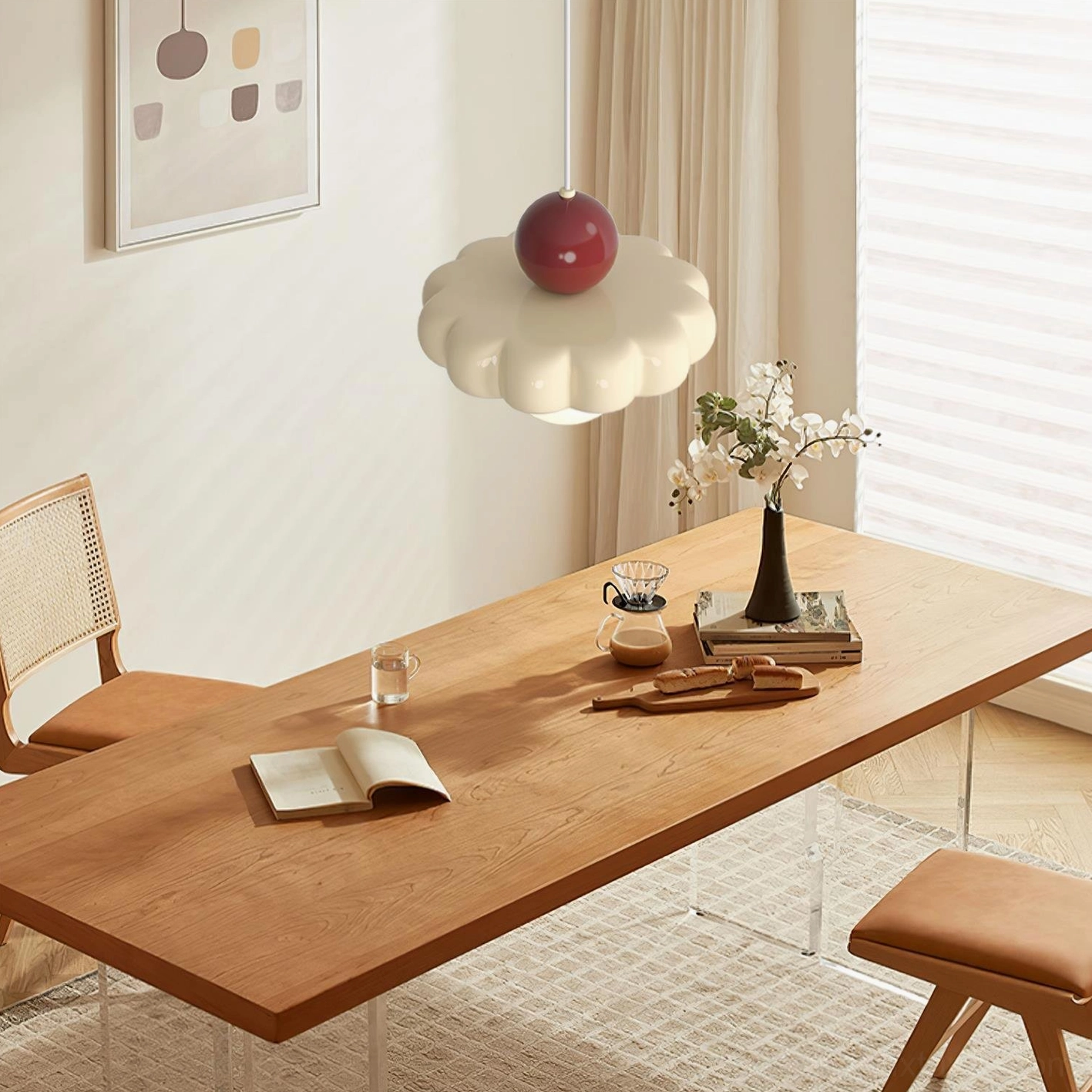 Celena pendant light open weave shade architectural detail, cream finish sculptural form