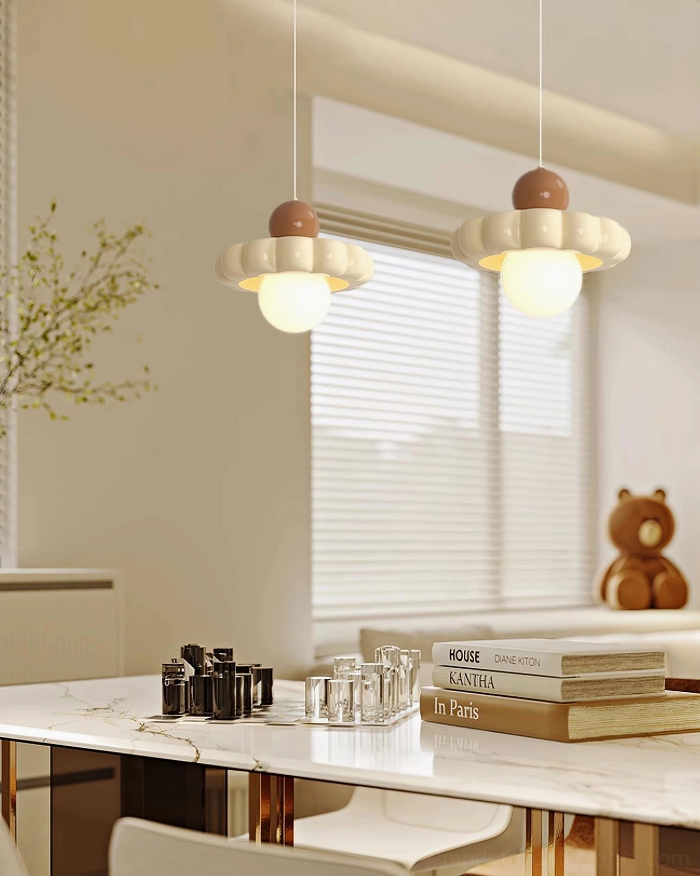 Dual Celena cloud pendant lights over marble dining table, contemporary home interior