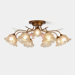 Celestia 7-head and 9-head floral ceiling light with bronze frame and amber glass lily shades in studio view