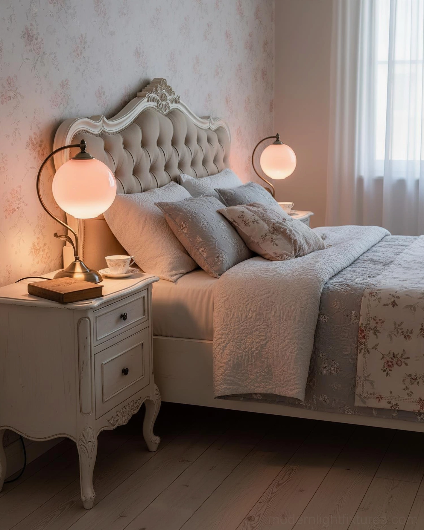 Bedside globe table lamp on white nightstand next to tufted upholstered bed with pink floral linens, master bedroom lighting design