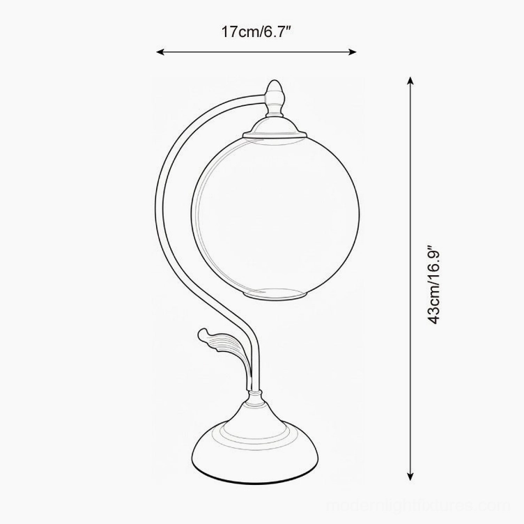 Curved brass arm globe table lamp technical orthographic drawing showing dimensions 17cm width 43cm height specifications