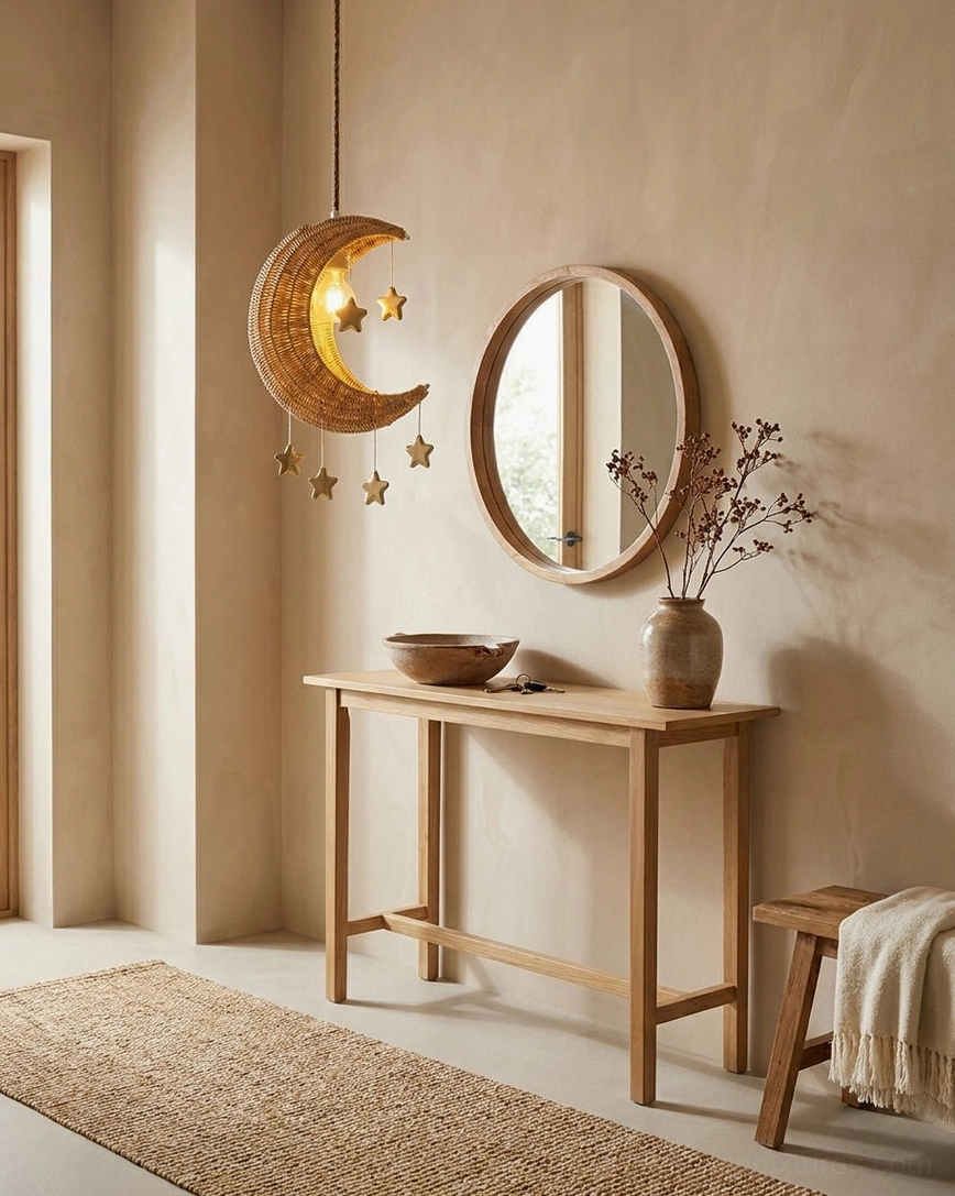 Moon star hanging light by round mirror in entryway vanity space - celestial pendant near wall decor