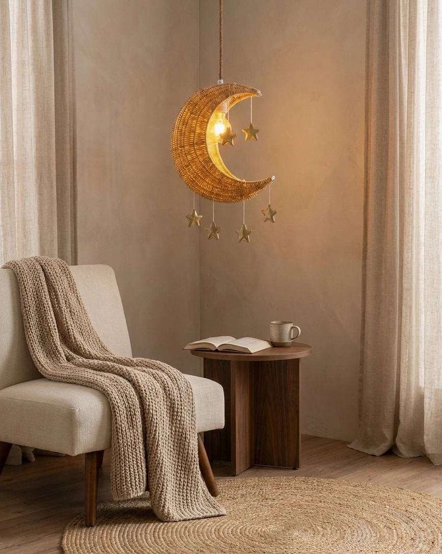 Moon star hanging pendant in cozy living room corner - bohemian interior design with warm neutral palette
