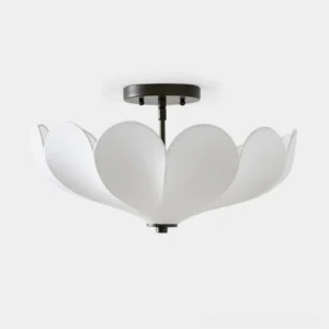 Celestial petal ceiling light fixture with frosted glass shade and black metal mount, front overhead studio view