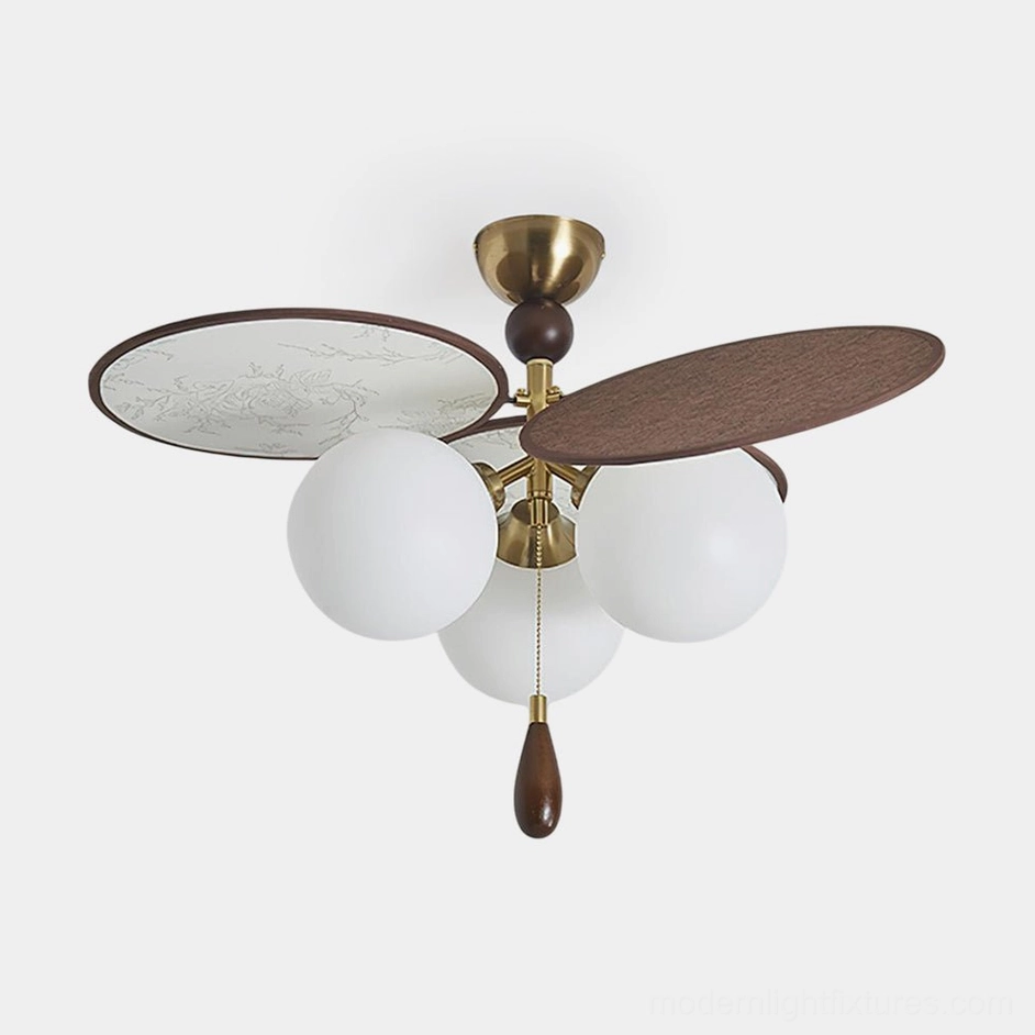 Celestial Spin mid-century modern ceiling light fixture front view with frosted glass shades and etched wood blade details