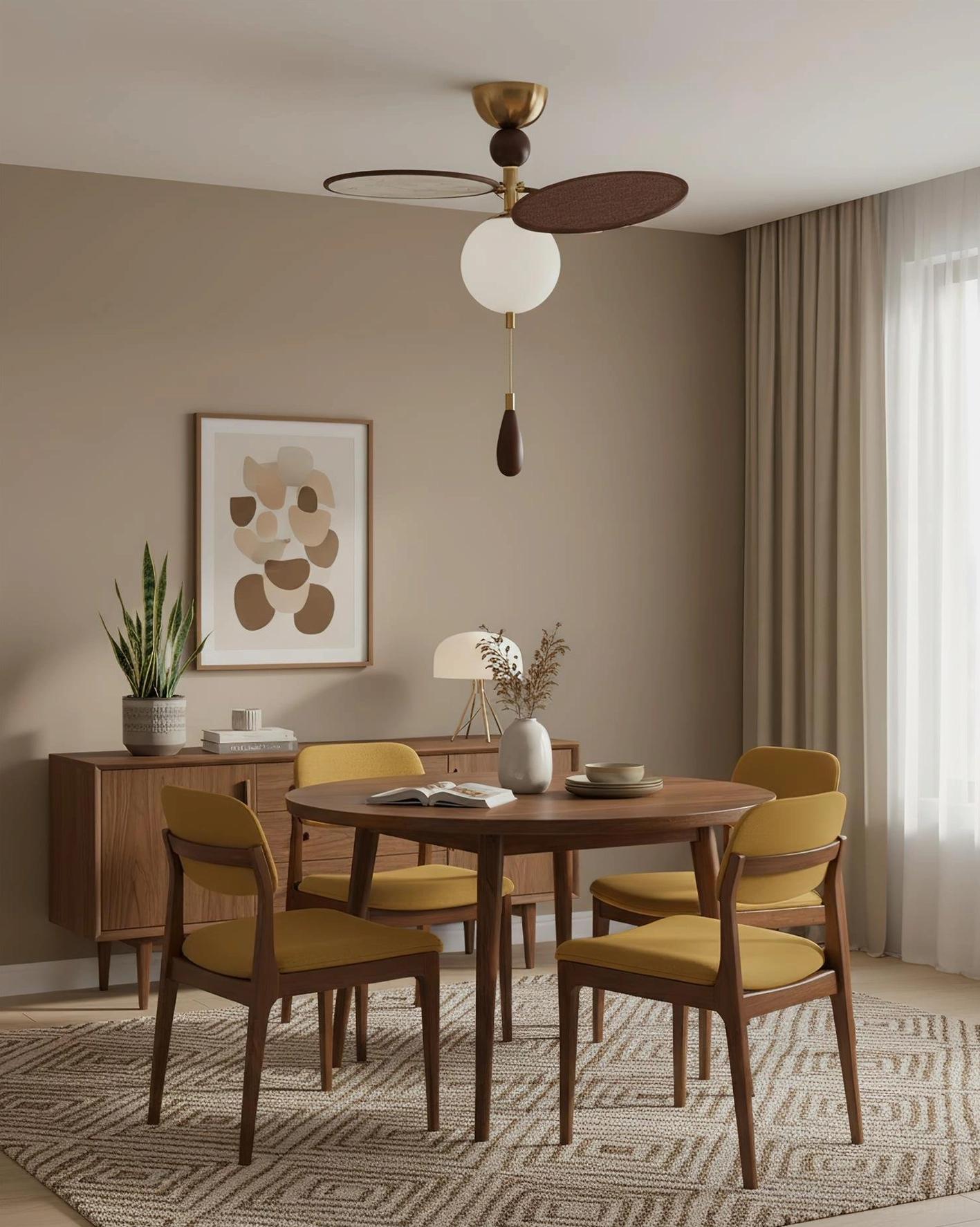 Celestial Spin decorative ceiling light installed in mid-century modern dining room with brass accents