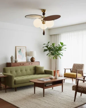 Celestial Spin decorative ceiling lamp installed in vintage mid-century living room with brass hardware