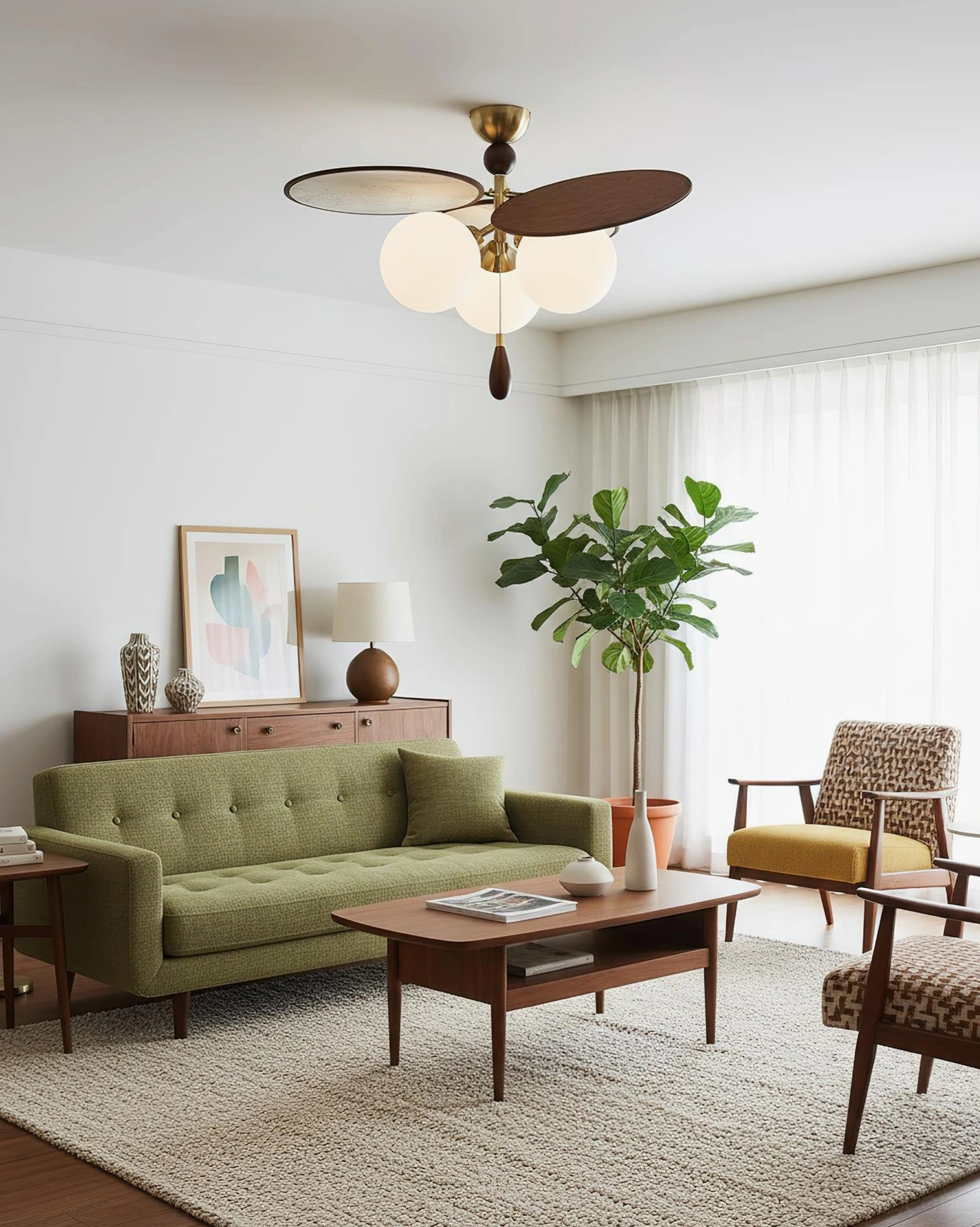 Celestial Spin decorative ceiling lamp installed in vintage mid-century living room with brass hardware