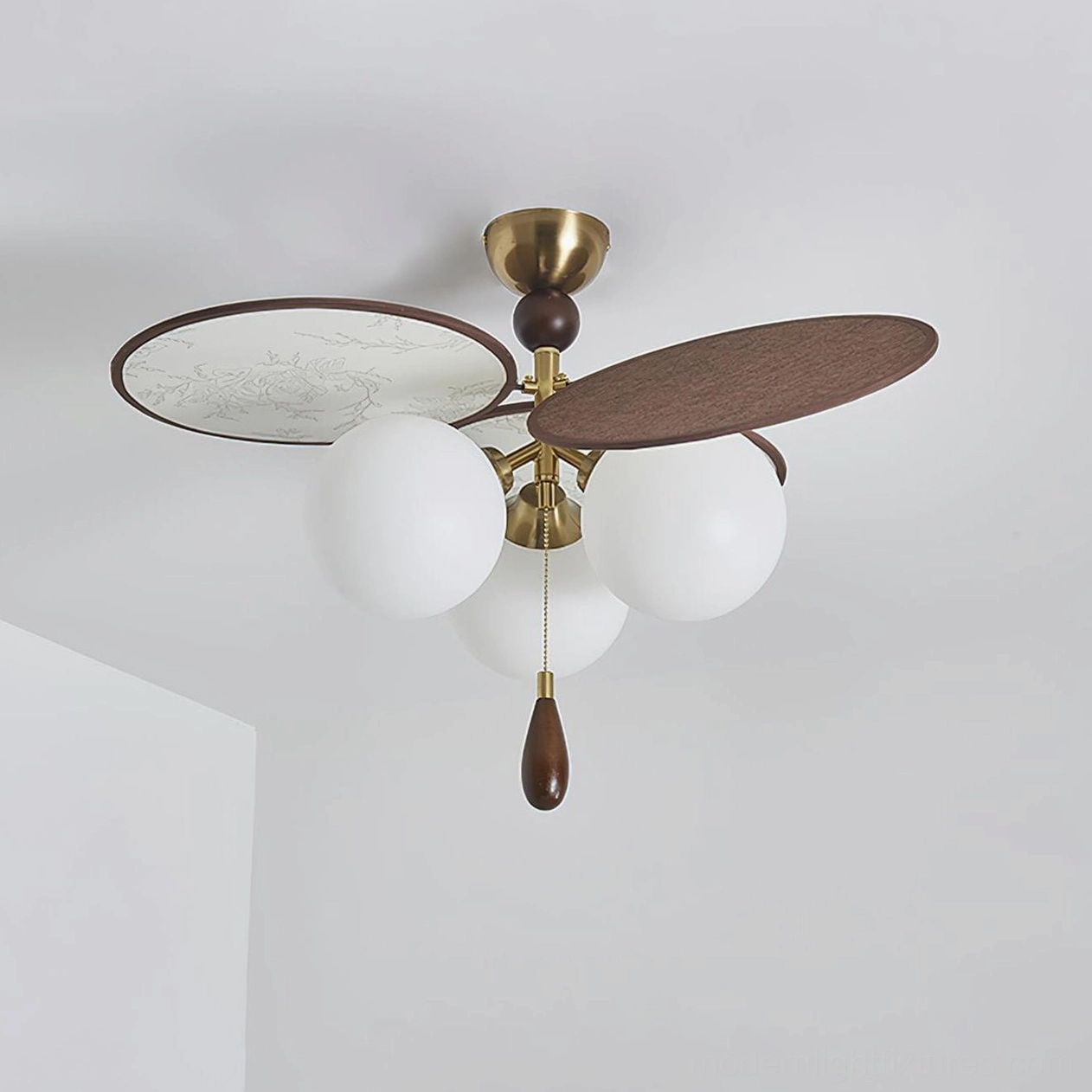 Medium 55cm Celestial Spin ceiling light in Walnut Color and White variant in home setting