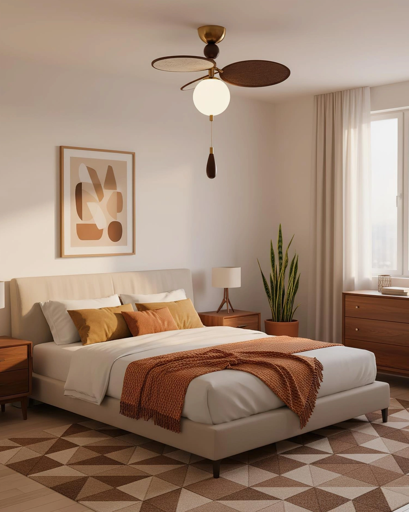 Compact Celestial Spin ceiling light with single frosted glass shade and dark wood blades in bedroom setting