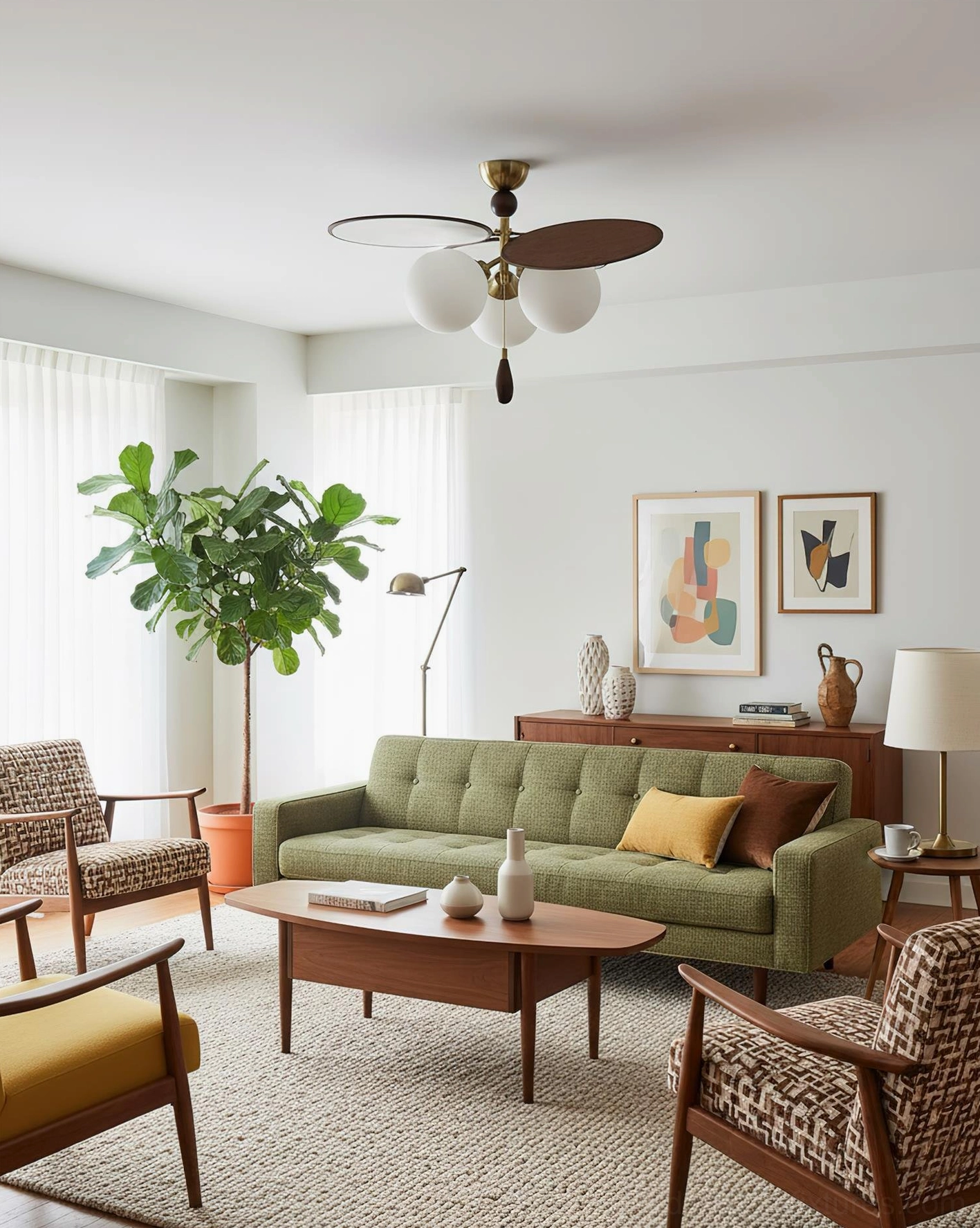 Three-light Celestial Spin ceiling lamp in mid-century living room with light wood blades and frosted shades