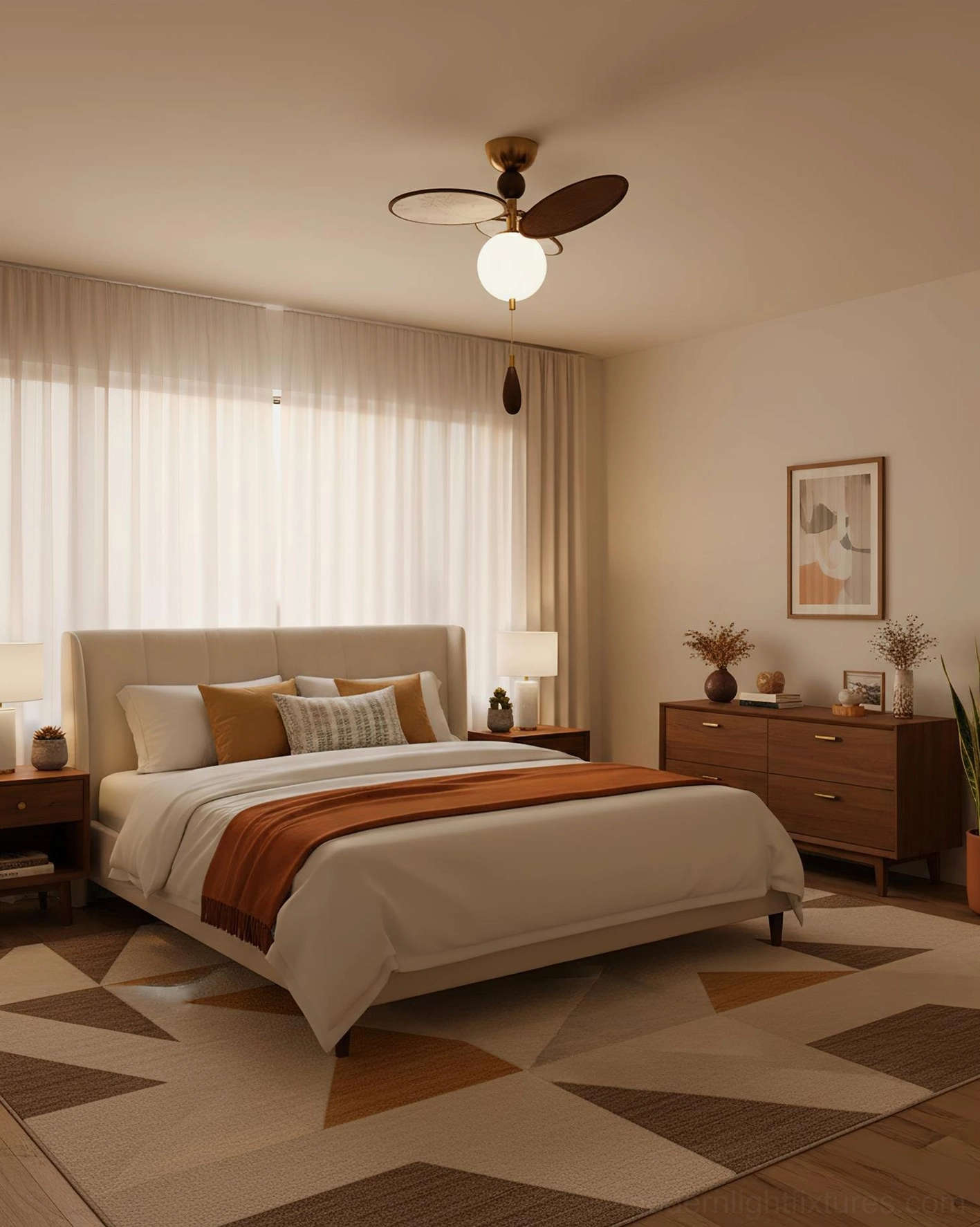 Celestial Spin mid-century ceiling lamp showing wood finish options and material composition
