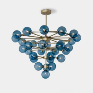 Celestine tiered bubble chandelier front view with 30 blue glass globes and brass-tone frame, studio lighting