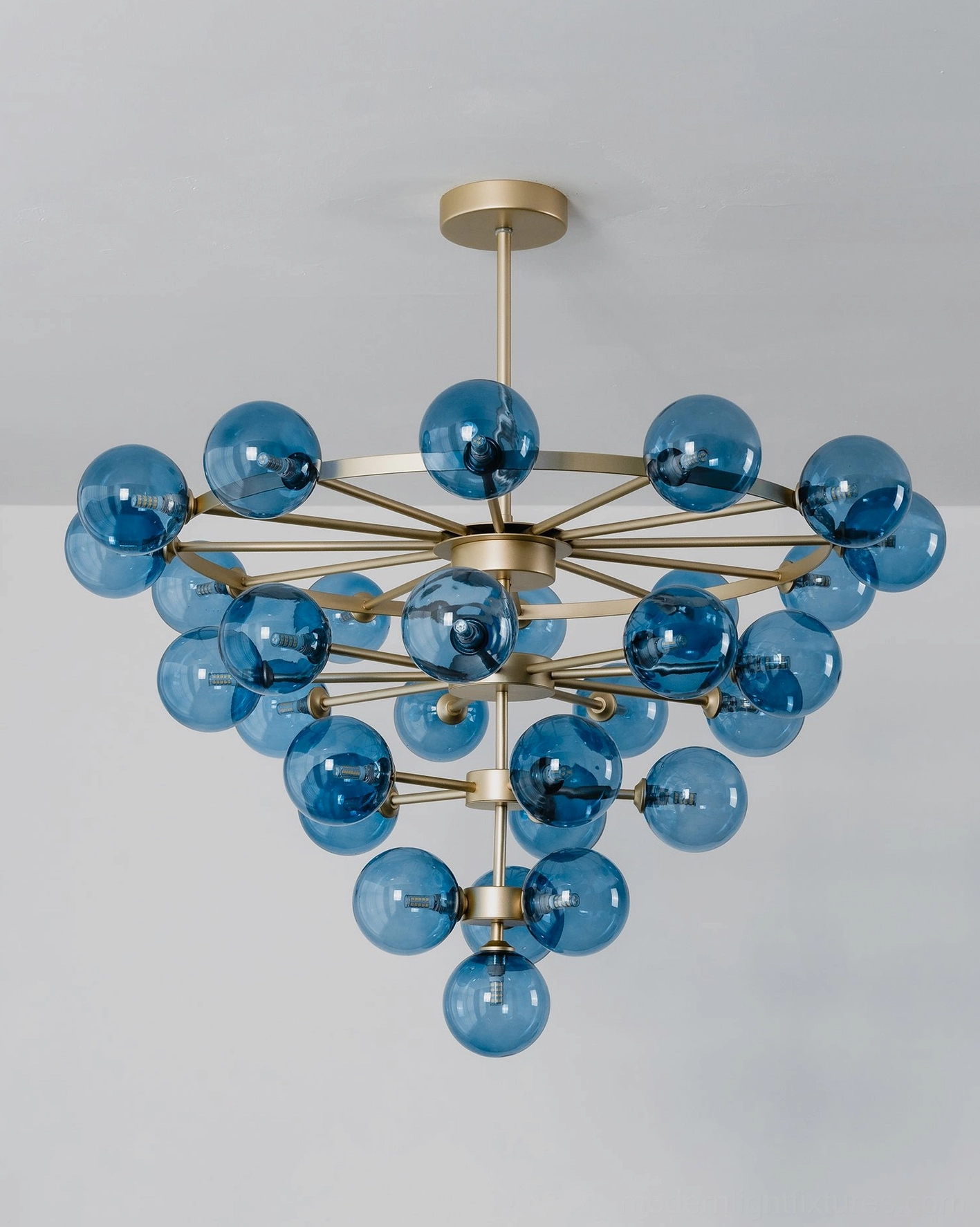 Celestine bubble chandelier bottom view revealing architectural tiering and symmetrical arrangement of 30 glass globes