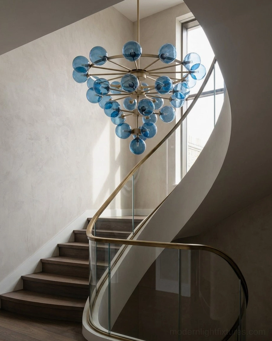 Celestine bubble chandelier above curved staircase entryway with minimalist neutral walls and sleek metal railings