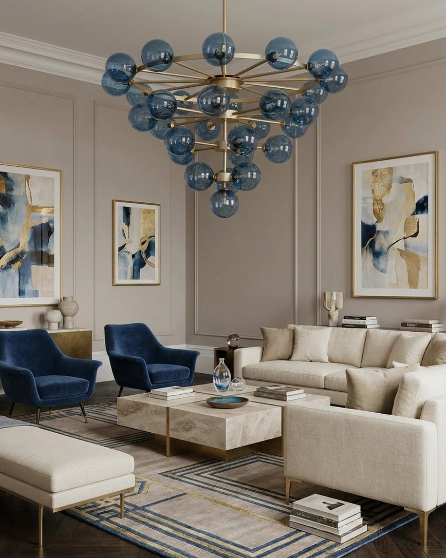 Celestine bubble chandelier installed in luxury formal living room with warm neutral modern interior design