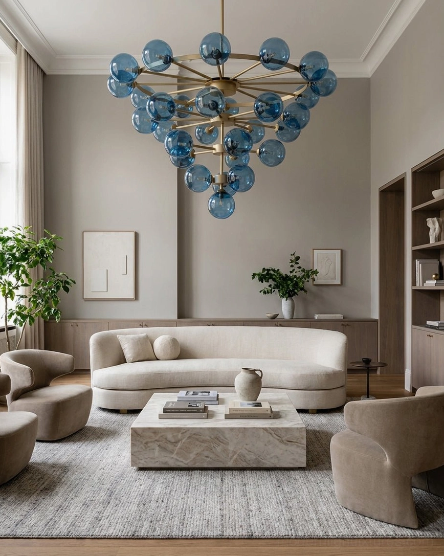 Celestine bubble chandelier illuminating cozy modern formal living space with neutral warm tone sofa and minimalist decor