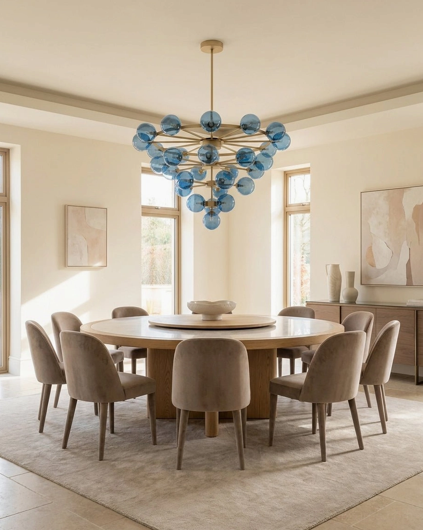Celestine bubble chandelier over formal round dining table in classic warm neutral home interior setting